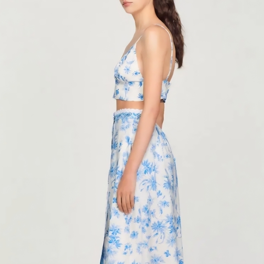 SANDRO Floral Blue WHITE CROP Bralette Top LINEN VISCOSE lined Size 1 S - Picture 14 of 15
